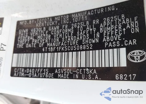 2012 Toyota Camry Se from USA, damaged, VIN 4T1BF1FK5CU508852